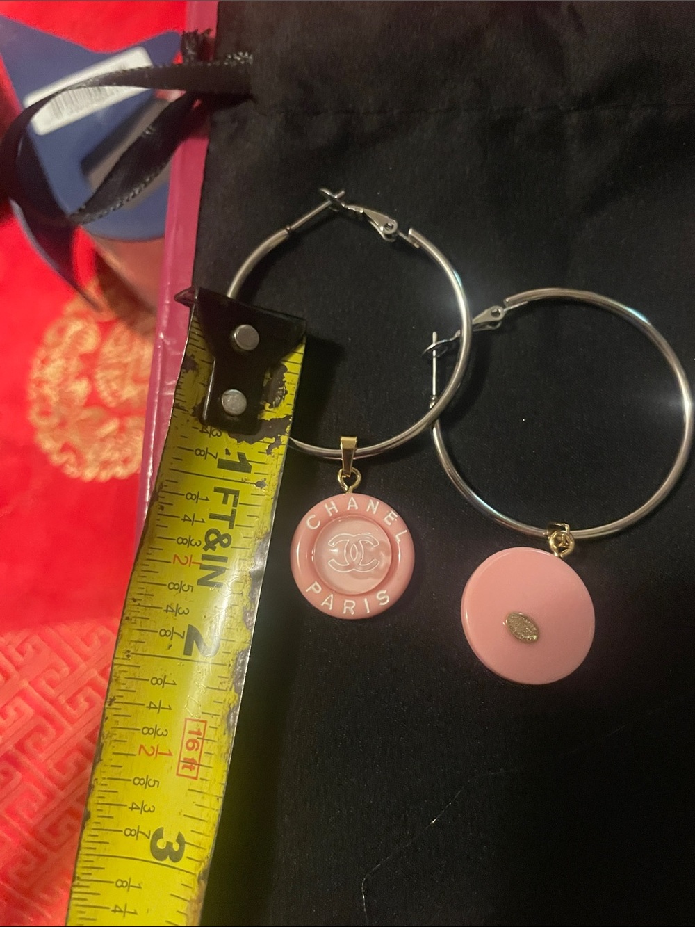CHANEL upcycled Pink and Gold Hoop Earrings with Logo Disc - Picture 6 of 17